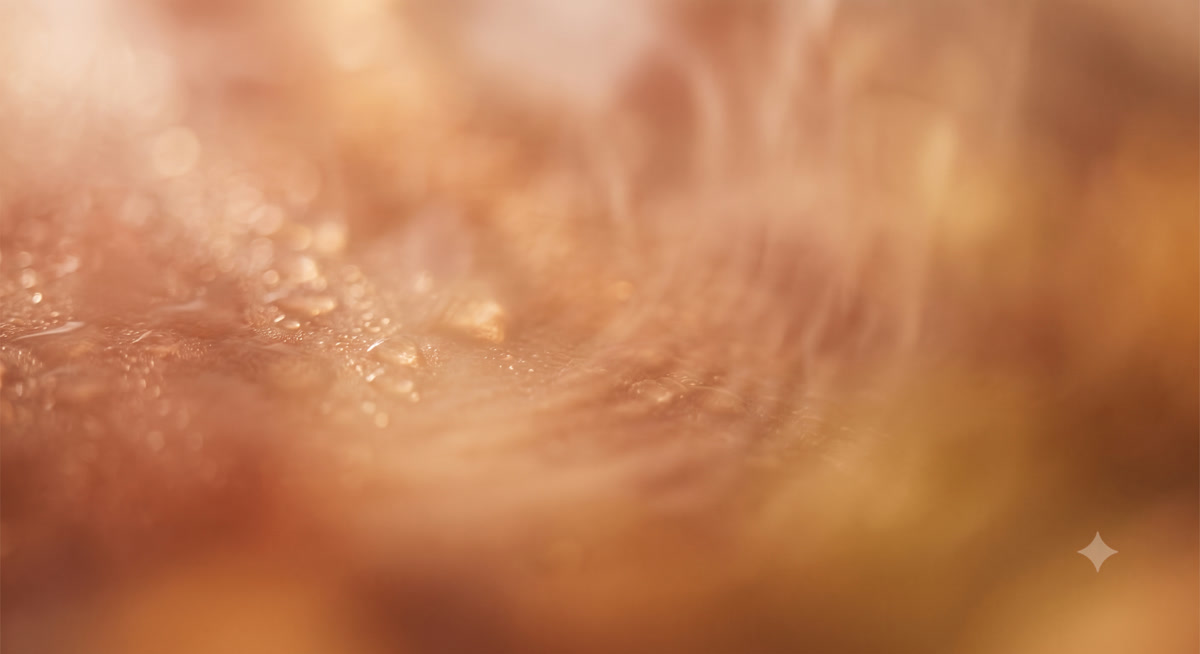 Close-up of skin with water droplets representing heat and sweat under a helmet